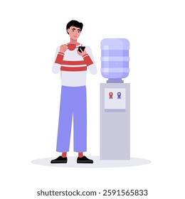 Young man next to a water cooler. A tea break at work, study or a meeting. Character with a cup and a phone. Vector illustration in a flat style