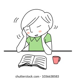 Young man with nodding head falling asleep during reading book. Drowsy male student resting his chin on hands, falling asleep at his desk behind text book and coffee mug. Hand-drawn style vector.