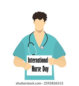 A young man nurse in medical uniform holds a banner in her hands with the inscription International Nurses day. Celebrated annually in 12 May. Vector illustration Not AI generated