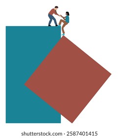 A young man offers assistance to a young woman as they climb to the top of  two areas for text or artwork. Copy space available.