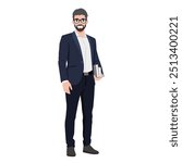 Young man office character holding books wearing suit. Flat Vector Character Isolated on White Background