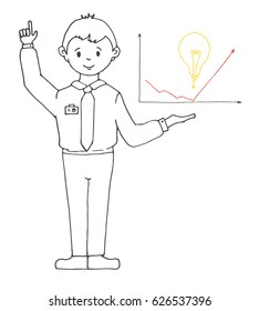 Young man in office clothes presents a schedule,  idea. Vector illustration in a sketch style.