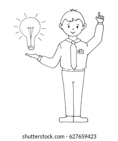 Young man in office clothes presents a light bulb, idea. Vector illustration in a sketch style.