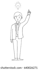 Young man in office clothes presents a light bulb, idea. Vector illustration in a sketch style.