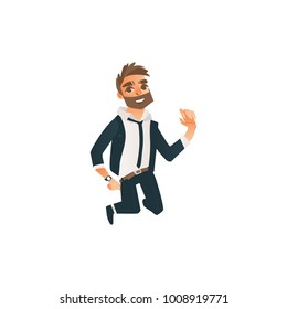 Young man in office, corporate clothing jumping smiling. Successful besinessman in tuxedo necktie, wearing wathes, beard dancing. Vector cartoon isolated illustration on a white background.