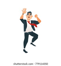 Young man in office, corporate clothing jumping smiling. Successful besinessman in tuxedo red necktie, wearing wathes dancing. Vector cartoon isolated illustration on a white background.