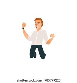 Young man in office, corporate clothing jumping smiling. Successful besinessman in white shirt wearing wathes dancing. Vector cartoon isolated illustration on a white background.