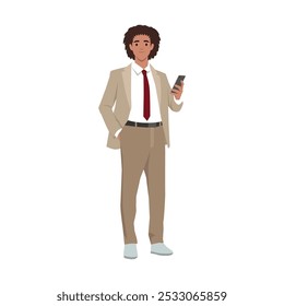 Young man in office wear using smartphone. Flat vector illustration isolated on white background