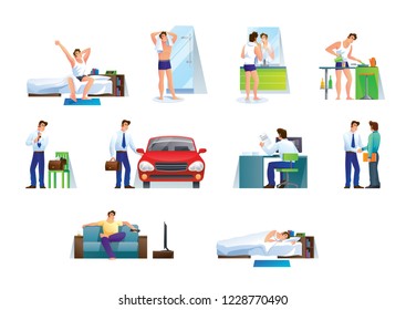 Young man, office worker everyday life. Sleep and waking up from sleep, morning and evening hygiene, go to work by car, full working day, rest at home on couch, cooking. Illustration in cartoon style.