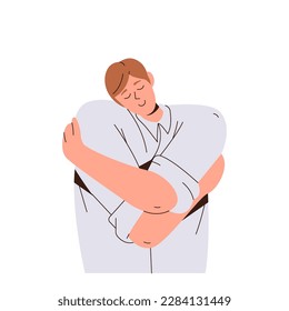 Young man office worker, freelancer or student character hugging himself for self help and support