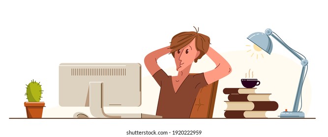 Young man office worker having coffee break during a day vector flat illustration isolated, relaxed resting watching monitor employee, job done, work finished, lazy.