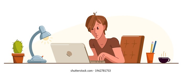 Young man office worker pensive concentrated on her work vector flat illustration isolated, serious attentive worker seriously thinking on a project, comfortable workplace.
