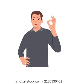 Young man with Ok sign and gesture language concept. Young smiling man cartoon character standing showing ok sign. Flat vector illustration isolated on white background