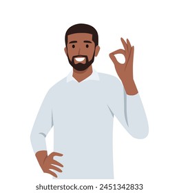 Young man with Ok sign and gesture language concept. Flat vector illustration isolated on white background