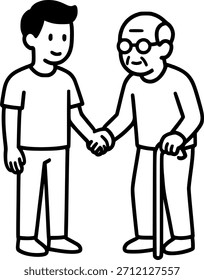 young man with old man holding hands standing sign, symbol, vector, art