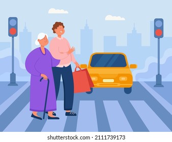 Young man and old lady walking across road in front of car. Life in big city or town, senior crossing street with help of male character flat vector illustration. Elderly care, traffic concept