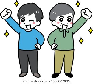 A young man and an old man raising their fists with a smile
