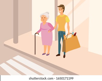 Young man and old woman stay in the street near a crosswalk. Guy carries bag with products. Helping elderly and volunteering concept.