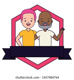 young man and older hugging characters vector illustration