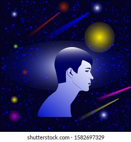 Young man on the background of outer space - a symbol of artificial intelligence - vector. Science, future technology