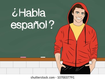 Young man on a background of a school board. Advertisement of language courses.  Vector illustration