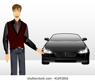 young man on a background a sporting car for a design and advertising