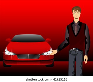 young man on a background a sporting car for a design and advertising