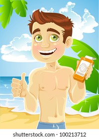 young man on the beach with cream for sunburn