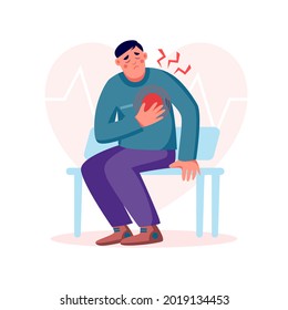 Young man on bench with heart attack, pain  touching chest. Heart treatment, health care and disease diagnostic concept. Vector flat illustration. Design for banner, landing page, web background