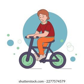 Young man on a bicycle. Cheerful boy character cartoon style. Vector color illustration.