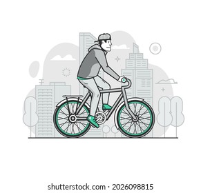 Young man on bicycle driving on modern city background. Cyclist guy riding bike on the road. City bike service concept. Bicyclist driving on downtown. Line art illustration with editable stroke.