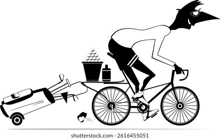 Young man on the bicycle on the way to golf course. Cartoon cycling man on the way to the golf course. Black and white	