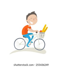 Young Man On A Bike With Basket, Flat Illustration