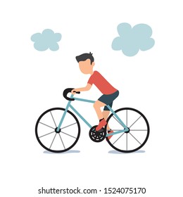 Young man  on the bike for transportation and sport flat icon.