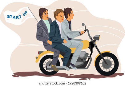 Young man on bikes with start up flat. Flat design illustration. Vector
