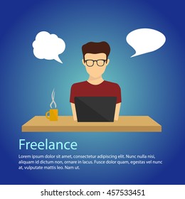 The young man on a blue background with a laptop and an inscription Freelancer,  the field for the text. 