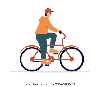 Joven en bicicleta. La actividad al aire libre, el concepto de un estilo de vida saludable para el ocio. Un chico feliz sonriente monta en bicicleta. Ilustración vectorial plana de carácter masculino aislada en fondo blanco.