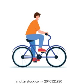 Young man on bycicle. Smiling happy boy rides bike. Outdoor activity, healthy leisure lifestyle concept. Male character flat vector illustration isolated on white background.