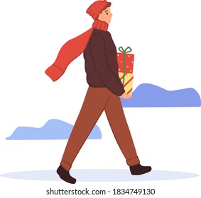 Young man on city street in warm clothes hurrying for a big Christmas market sale, shopping. Guy buying gifts for new year. Presents on winter holidays. flat illustration banner, greeting card