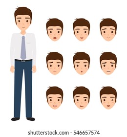 young man on different face expressions collection. business people character cartoon.