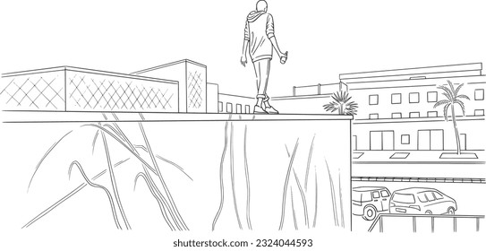 young man on the edge of the building, sketch