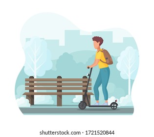 Young man on electric scooter in the park. Ecology transport concept. Vector illustration.