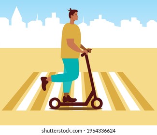 Young man on an electric scooter. flat vector stock illustration. concept of eco transport, eco-friendly lifestyle in the city. Urban e-scooter. Fast travel. Contemporary illustration