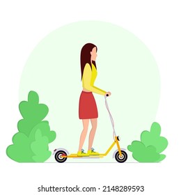 Young man on an electric scooter. Eco-friendly transport that does not pollute the environment. Active lifestyle. Modern technological transport. Vector stock illustration on white background