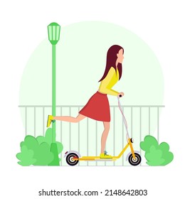 Young man on an electric scooter. Eco-friendly transport that does not pollute the environment. Active lifestyle. Modern technological transport. Vector stock illustration on white background