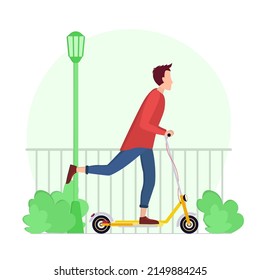 Young man on an electric scooter. Eco-friendly transport that does not pollute the environment. Active lifestyle. Modern technological transport. Vector stock illustration on white background
