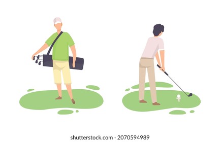 Young Man on Green Lawn Playing Golf as Club-and-ball Sport Game Vector Set