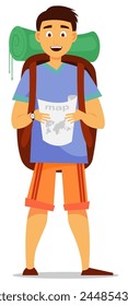 young man on a hike with a backpack and a map