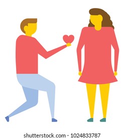 A young man on his knees, makes a proposal to marry the girl, flat vector icon 