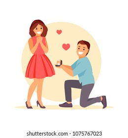 Young man on his knees making a marriage proposal to his girlfriend. Vector illustration